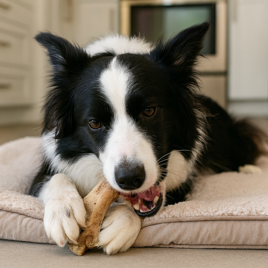 Dog lying on a mat in a kitchen with an all natural lamb foot dog chew