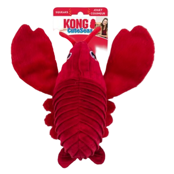Red lobster-shaped KONG toy with packaging on a white background