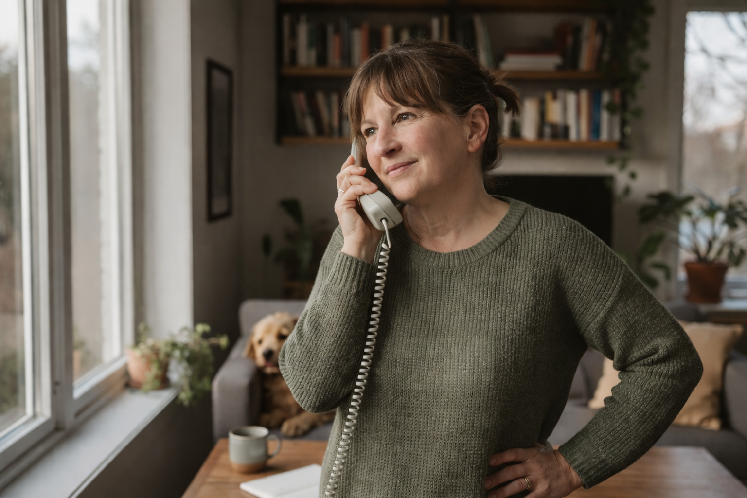 Woman talking on a landline phone in a cozy living room.