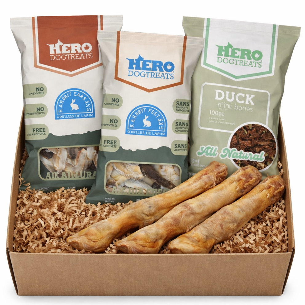 Box of Hero Dogtreats with dog treats and packaging on a white background