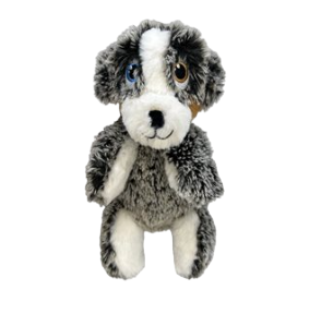 Plush toy dog with gray and white fur 