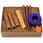 Box of dog treats and chew toys including a purple toy with an orange handle on a white background