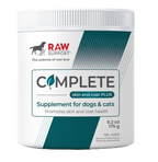Supplement container for dogs and cats labeled 'RAW Support Complete' 