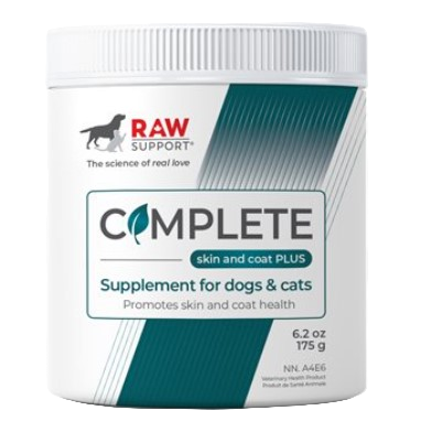 Supplement container for dogs and cats labeled 'RAW Support Complete' 