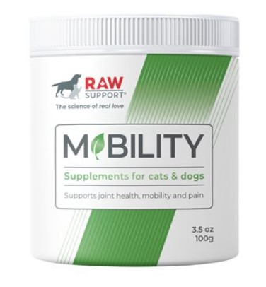 Supplement container for cats and dogs labeled 'MOBILITY' by RAW Support 