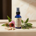 Blue spray bottle labeled 'Adored Beast' with flowers and leaves on a wooden surface