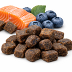 Dog treats with salmon and blueberries on a white background