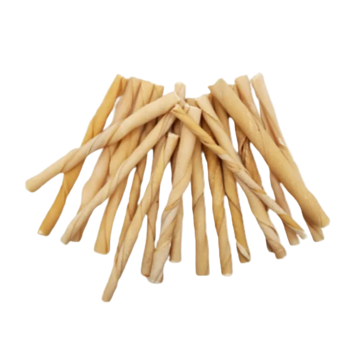 Bunch of dried pasta sticks on a white background