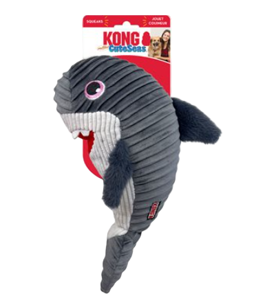 Gray shark-shaped KONG cat toy on a white background
