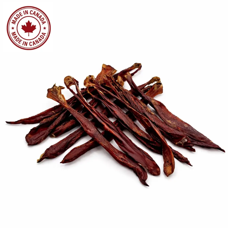Dried dog treats with 'Made in Canada' label on a white background