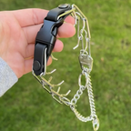 Hand holding a metal dog trap against a grassy background