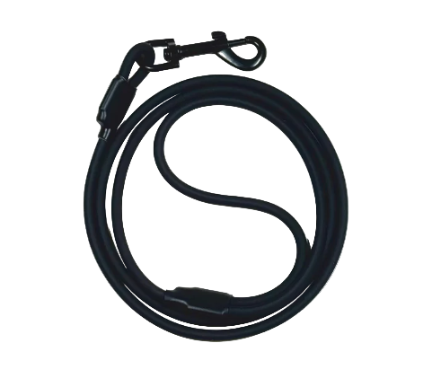 Black dog leash with a clip on a white background