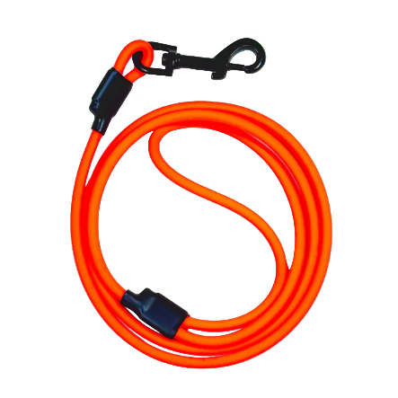 Neon orange dog leash with black clip on a white background