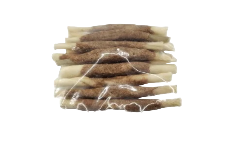 Vacuum-sealed package of dog treats on a white background
