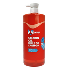 Red bottle of Thrive Salmon Oil with pump on a white background