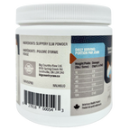 Back label of a container with text and branding on a white background