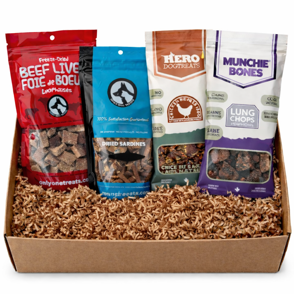 Box of dog treats from various brands on a white background