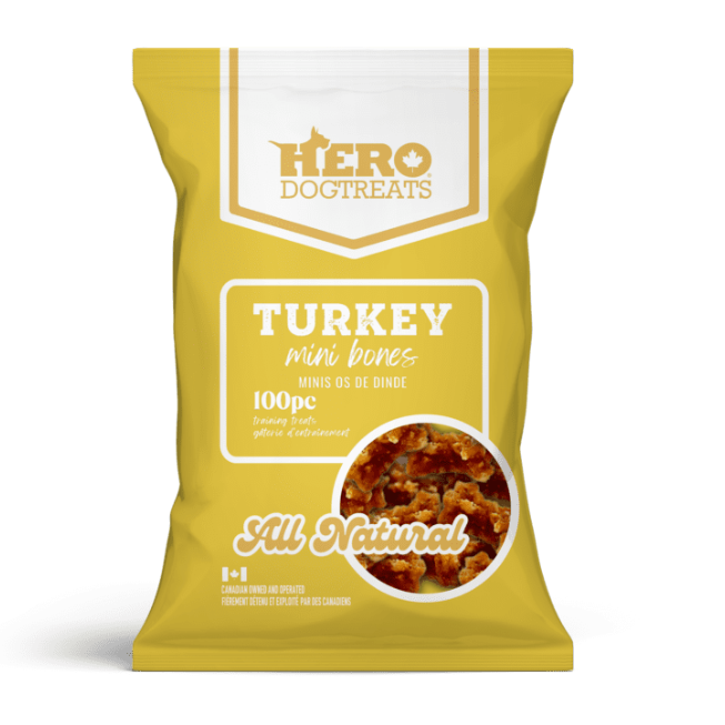 Yellow package of Hero Dogtreats Turkey mini bones