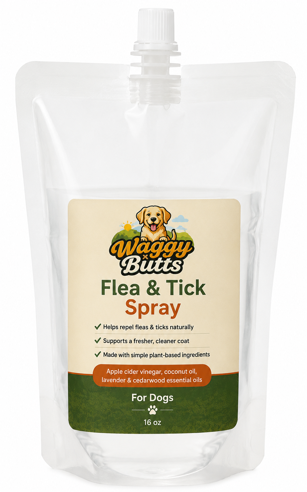 Waggy Butts flea and tick spray for dogs on a white background