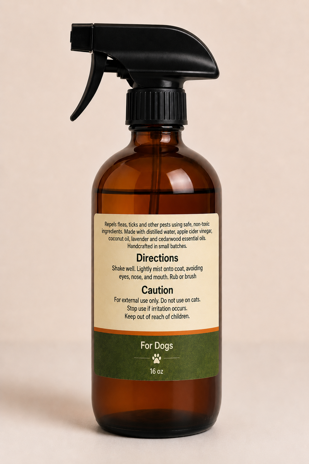 Brown spray bottle with black nozzle on a beige background