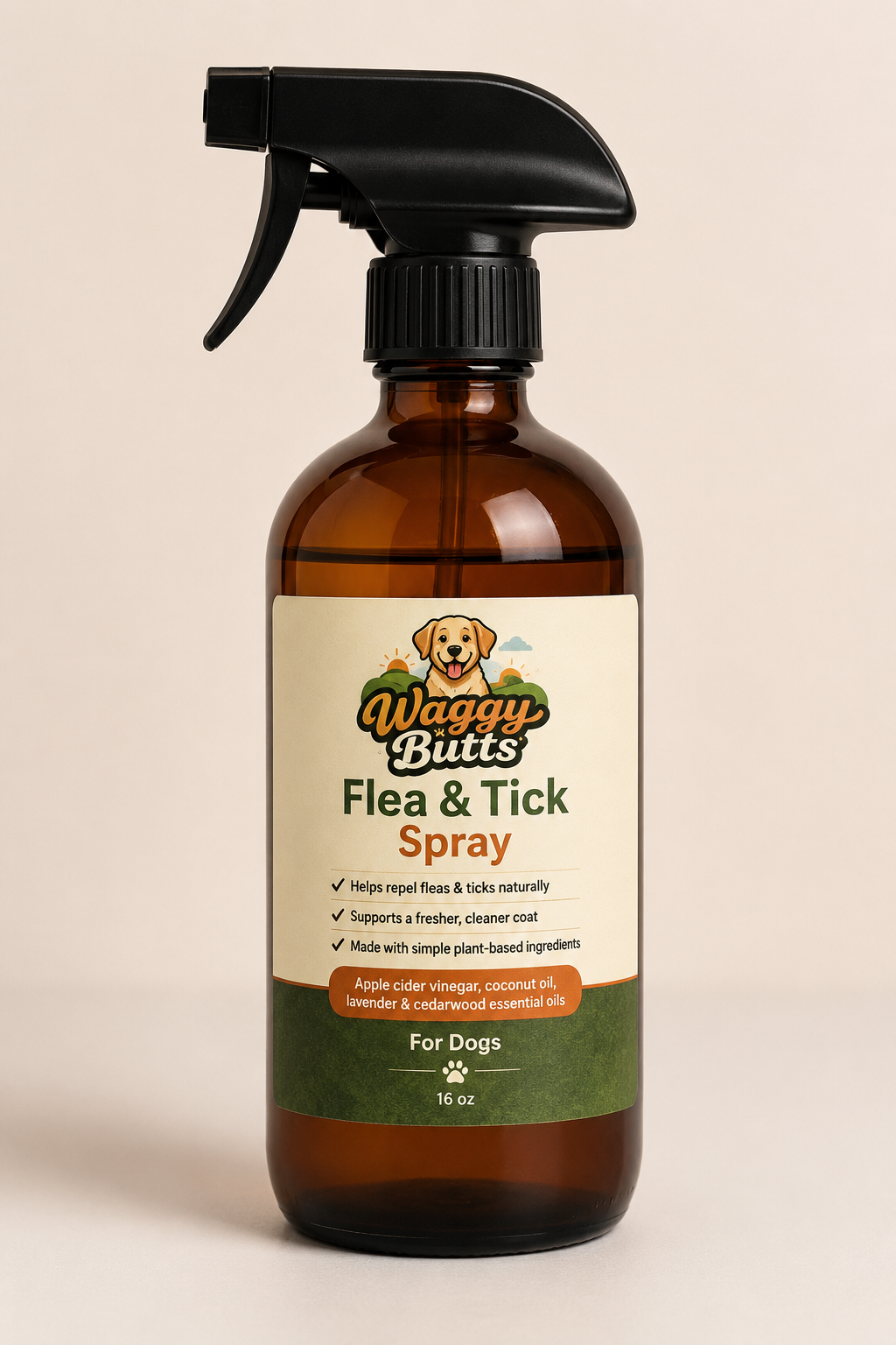 Waggy Butts Flea & Tick Spray bottle on a beige background
