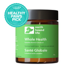 A jar of North Hound Life Whole Health Canadian Bovine Colostrum dog supplement, featuring a green label and black lid, with a teal Modern Dog Magazine Healthy Paws Pick badge on a white background.