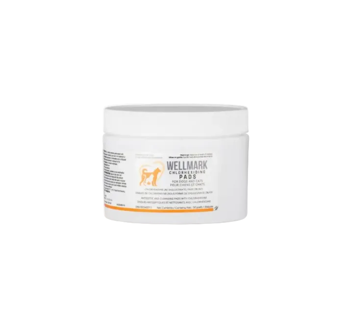 A white plastic tub of Wellmark Chlorhexidine Pads for dogs and cats, featuring a white label with orange and black text and graphics.