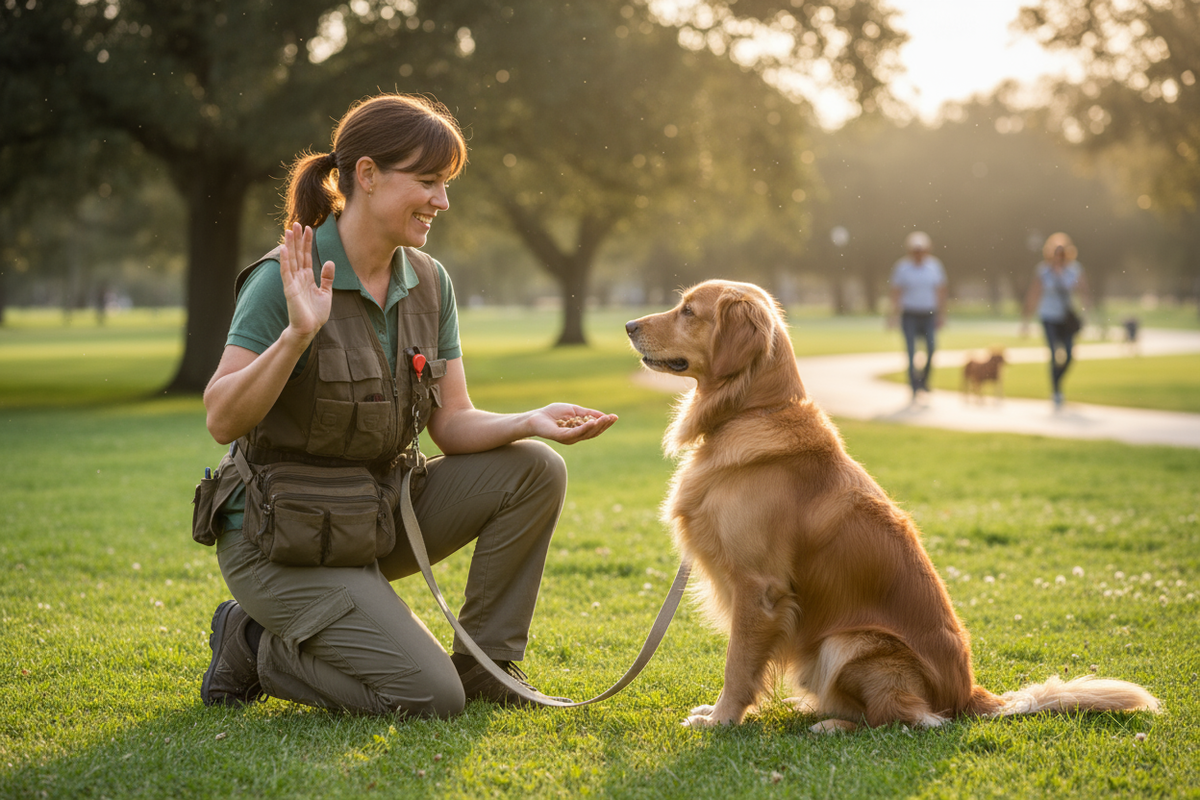 a dog trainer doing a training session with a dog