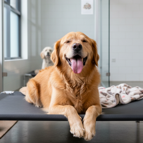 a happy dog in a boarding kennel on a raised dog bed