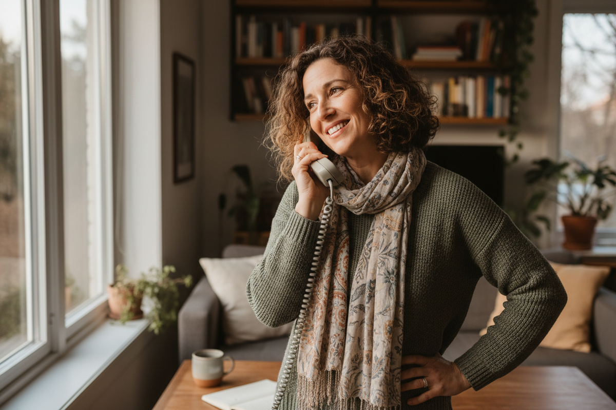 A woman talking on a telephone