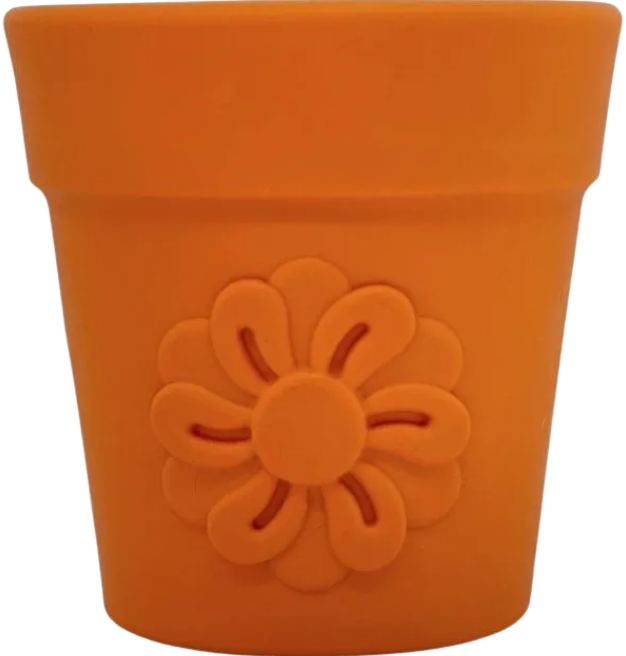 Orange flowerpot with a sunflower design on a white background