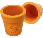 Orange flower pot with a sunflower design on a white background