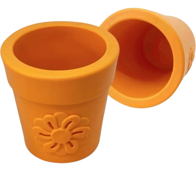 Orange flower pot with a sunflower design on a white background