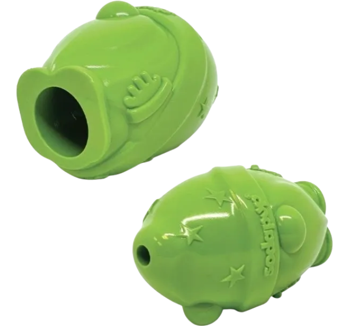 Two green dog toys with star patterns on a white background