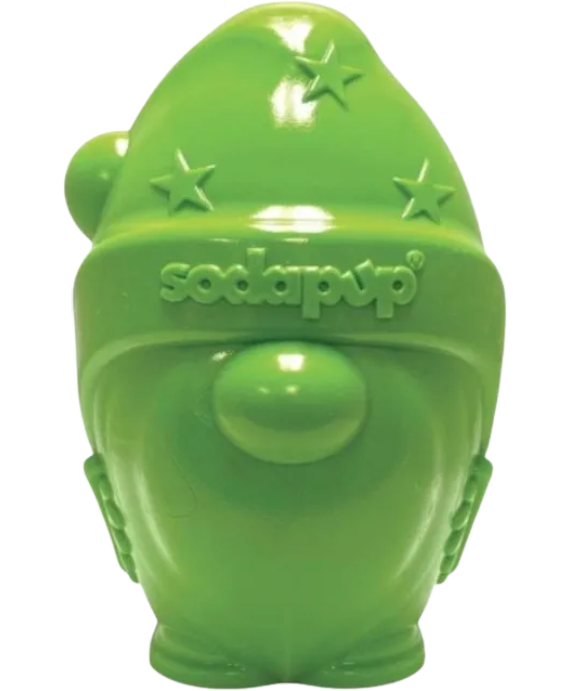 Green gnome-shaped toy with 'sodapup' branding on a white background