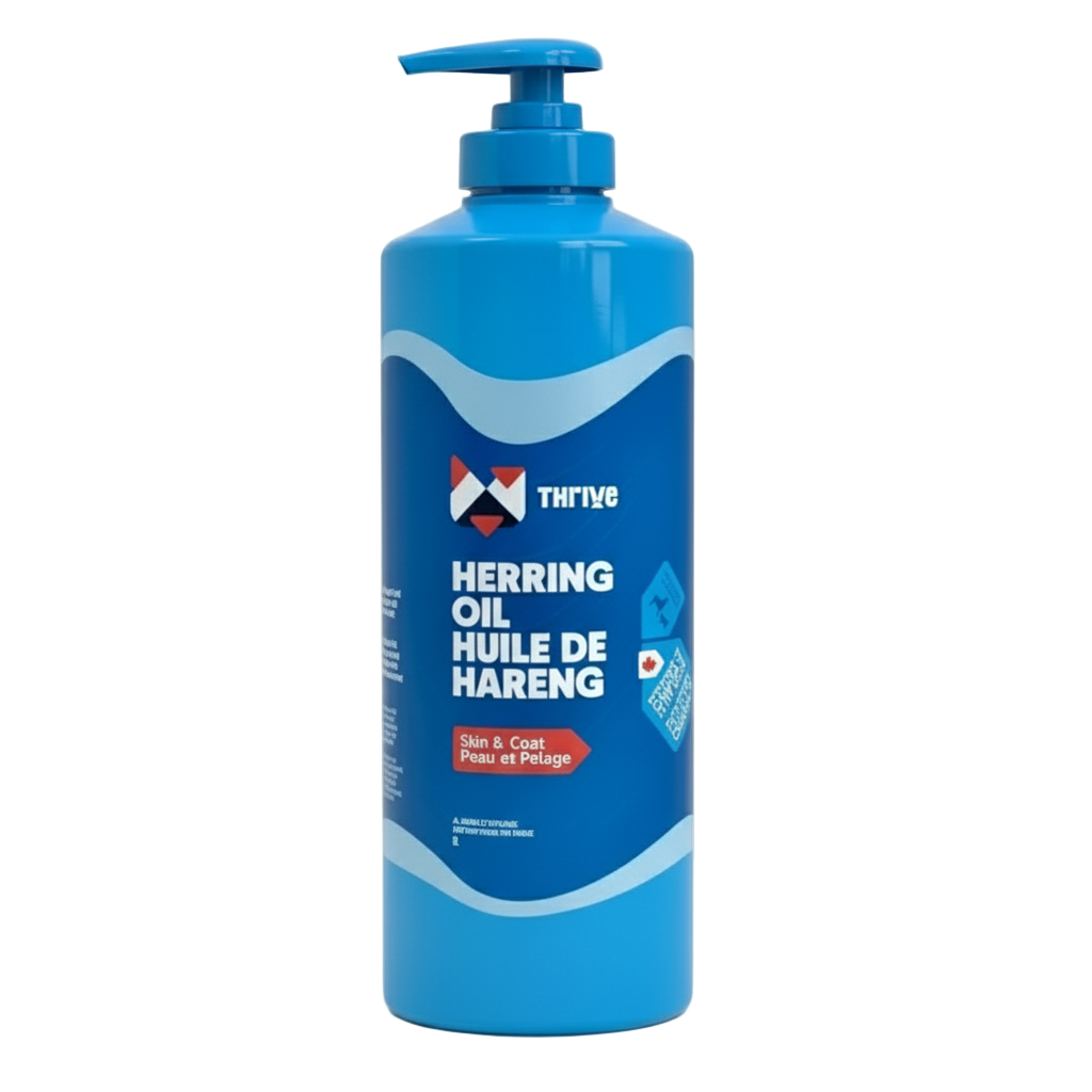 Thrive herring oil container with blue label on a white background