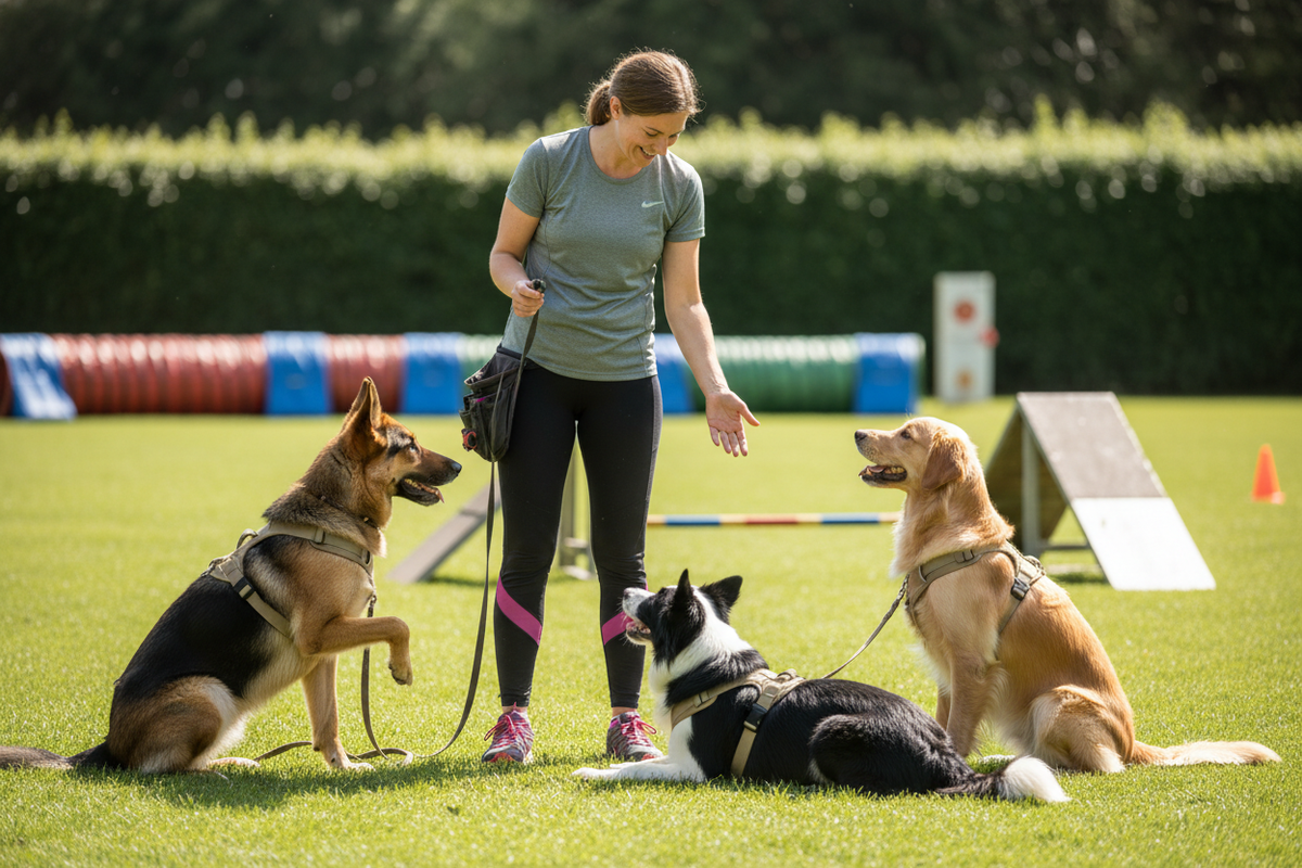 female dog trainer training 3 dogs at the same time