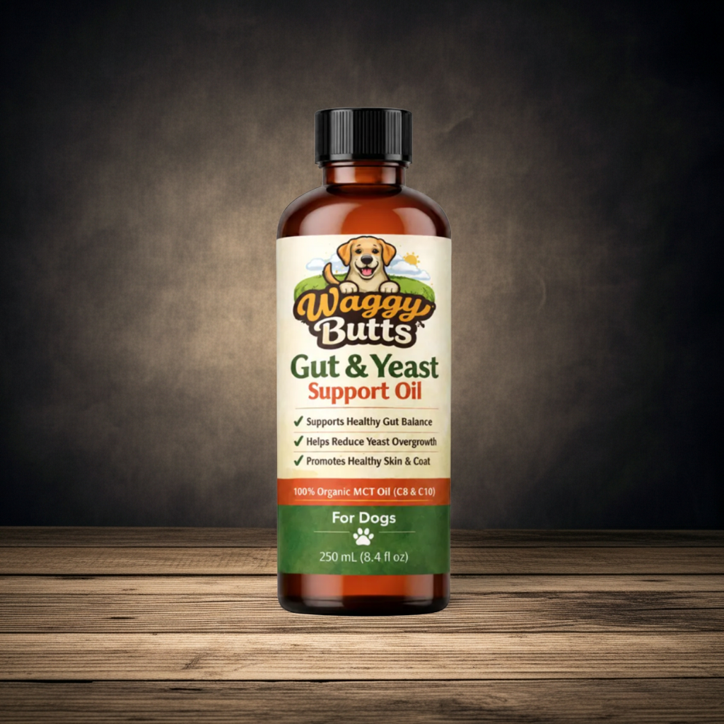 A bottle of Waggy Butts Gut & Yeast Support Oil for dogs, displayed on a wooden surface against a dark, smoky background.